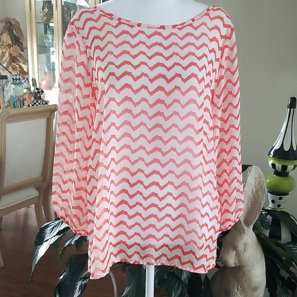 Yahada Orange Chevron Sheer Long Sleeve Blouse